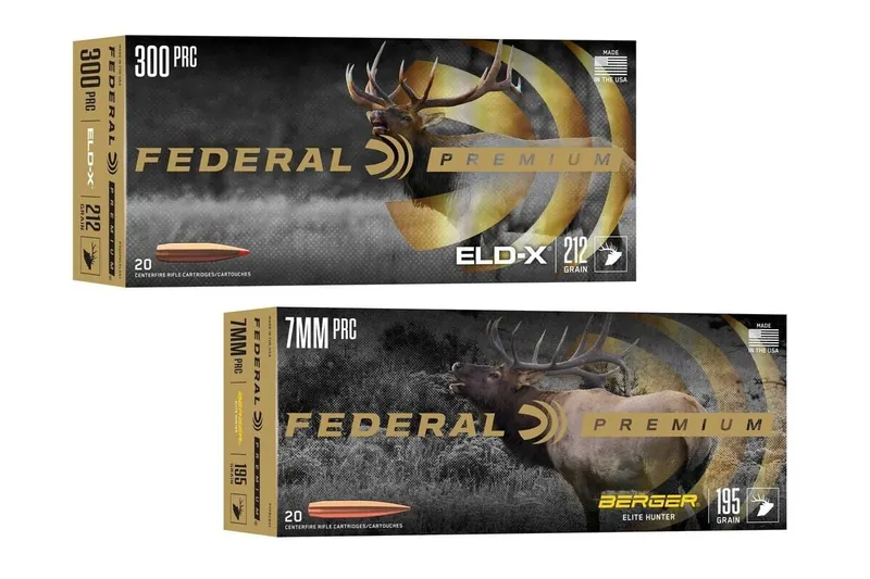 Federal Premium 7mm PRC Berger Elite Hunter and 300 PRC ELD-X ammunition boxes