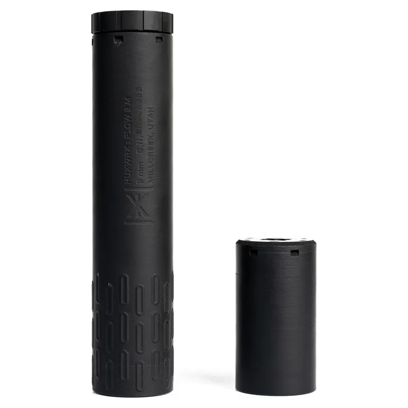 HUXWRX Flow 9 M titanium 9mm suppressor in black with its removable module